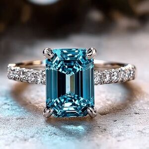 Aquamarine Moissanite & 18k White Gold Plated Gemstone Silver Ring